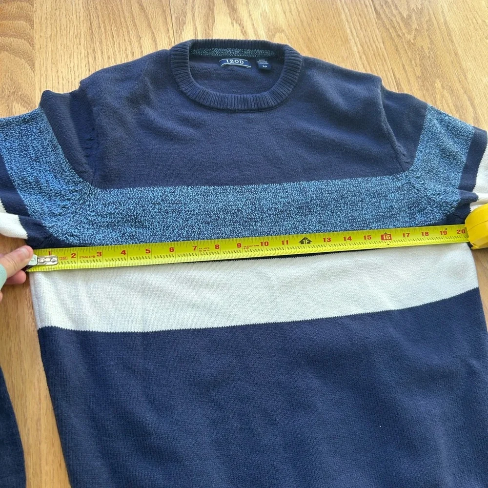 IZOD Mens‎ Sweater Small Navy Blue White Marled Striped Crew Neck Knit Pullover